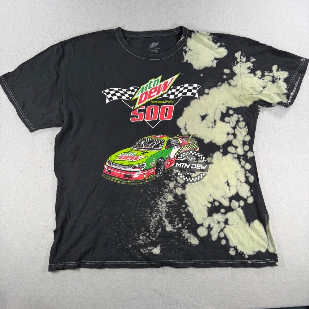 Mountain Dew Speedway 500 Racing Graphic Tee Bleach Tie Dye Black Mens XL